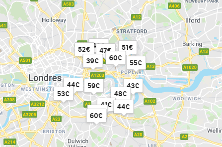 Mapa de Londres con alojamientos de Airbnb económicos
