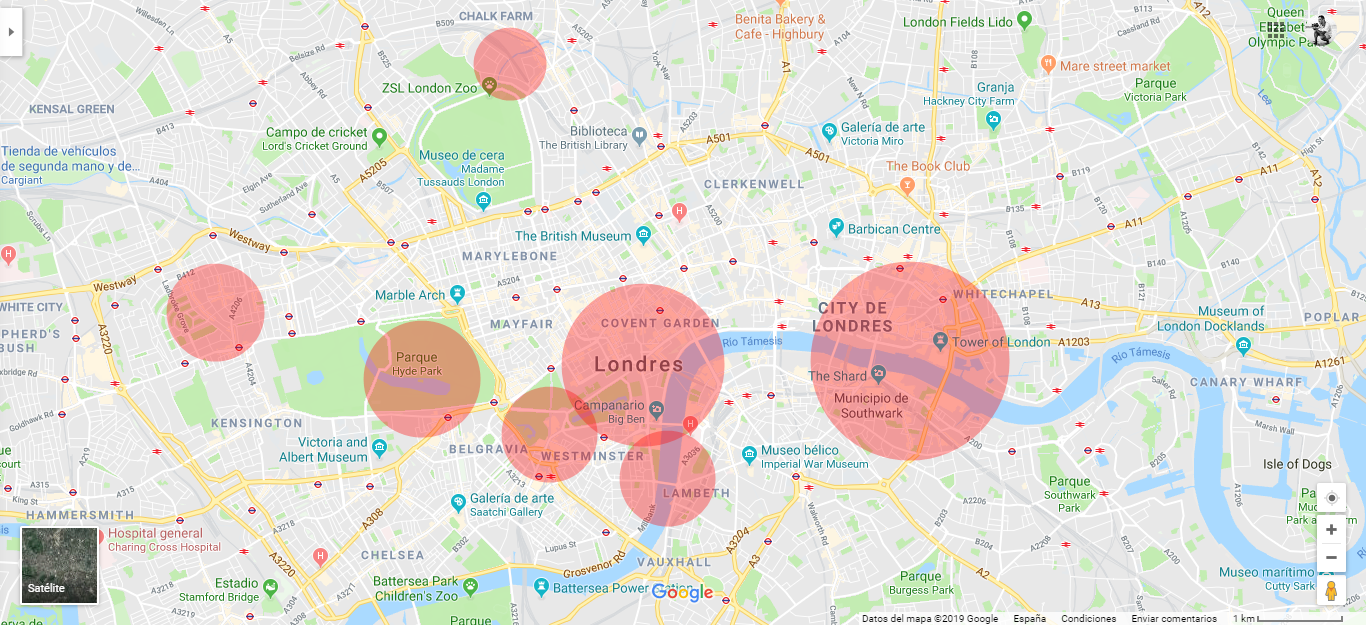 Mapa de Londres con las áreas que vamos a visitar con nuestras cámaras.